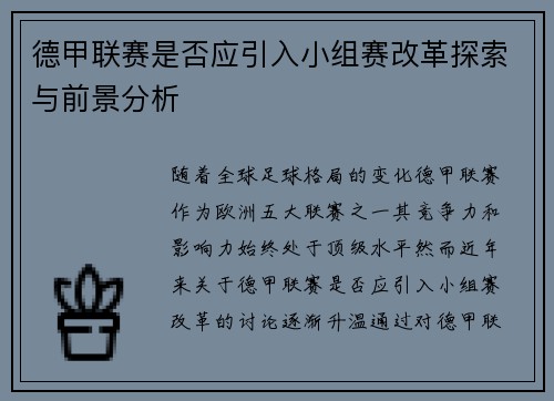 德甲联赛是否应引入小组赛改革探索与前景分析